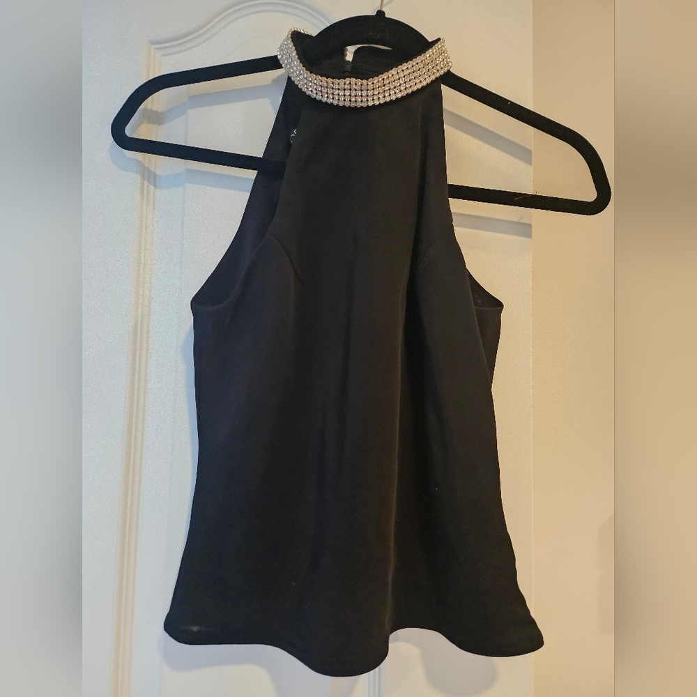 Black Halter Top with Rhinestone Collar By Seduction Size S